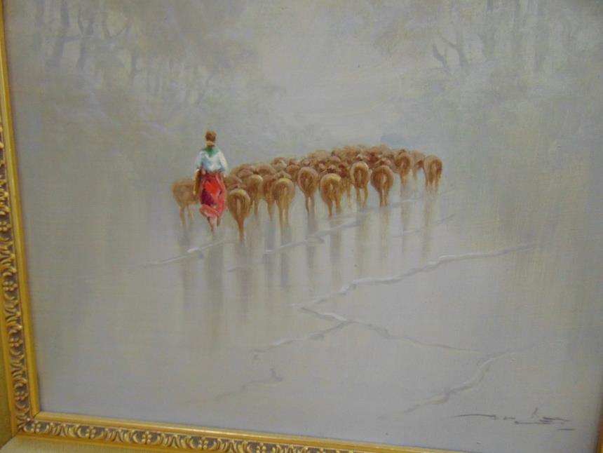 CUADRO AL OLEO PASTORA CON REBAÑO